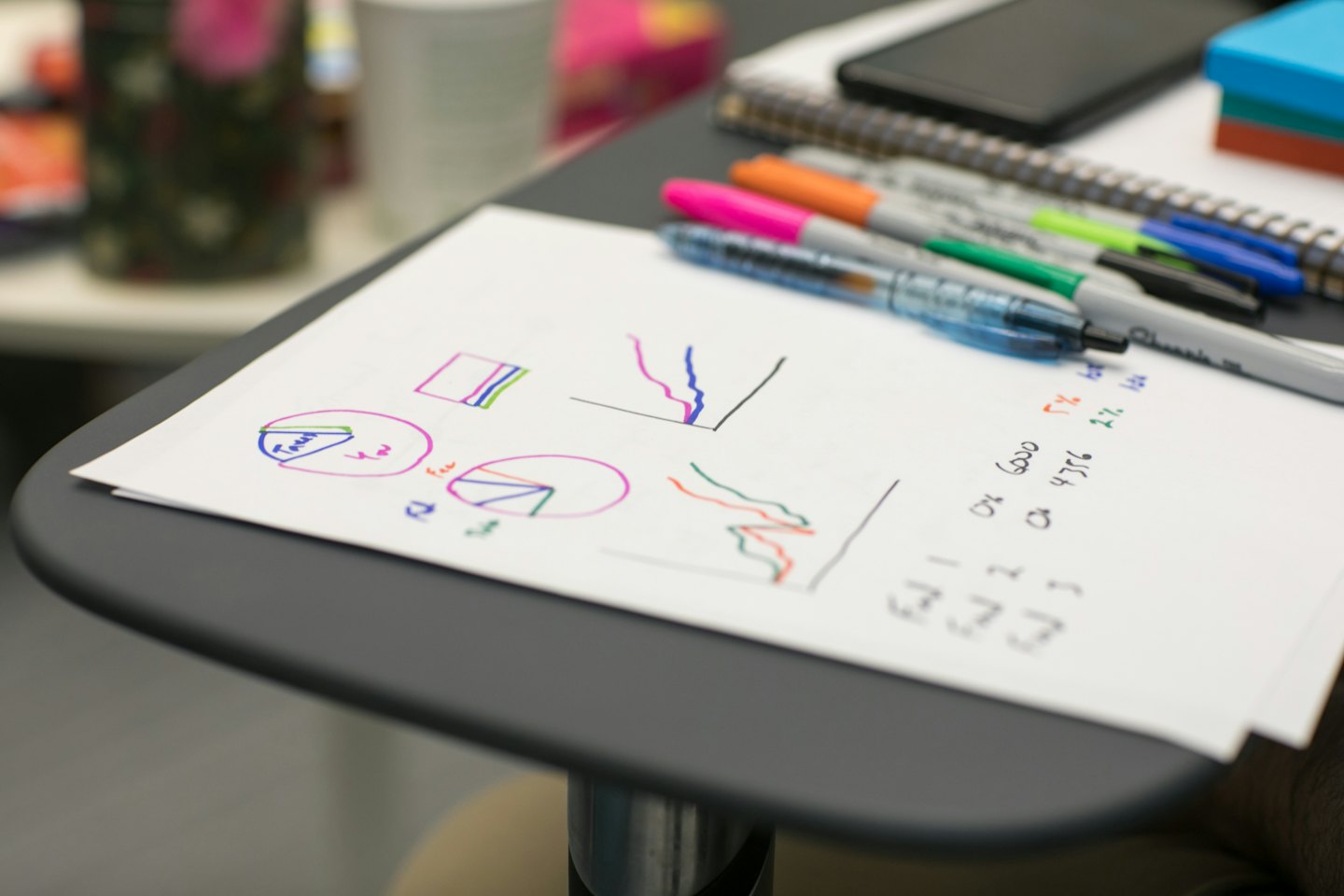 Colorful hand-drawn charts and notes on a white paper.
